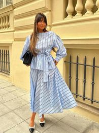 Work Dresses Elegant Lace Up Striped Women Skirt Suits O-neck Long Sleeve Tops A-line Loose Skirts 2024 Spring Summer Female Two Pieces Sets