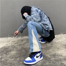 24 New Colour Block Painted Streetwear Drawstring Jeans Men Frayed Side Ribbon Loose Casual Denim Trousers Hip Hop Harajuku Couple Pants