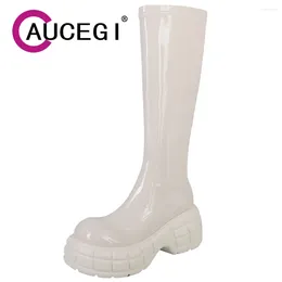 Boots Aucegi 2024 Women Round Toe Zipper Knee High Patent Leather Autumn Winter Platform Thick Heels Casual Versatile Shoes