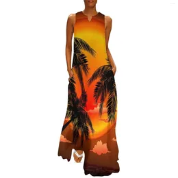 Casual Dresses Palm Trees Dress Summer Warm Topical Sunset Aesthetic Boho Beach Long Female Custom Sexy Maxi Big Size 4XL