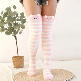 Women Socks Women's Coral Fleece Thickened Cartoon Striped Warm Towel Floor 2PC Silicone Thigh Highs Garter Set Lingerie