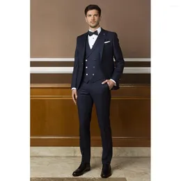 Men's Suits Slim Fit Navy Blue Men Suit Three Pieces(Jacket Pants Vest) Lapel Outfits Chic Casual Party Prom Wedding Set