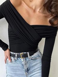 Women's Blouses Women Solid Colour Short T-Shirts Front Cross V-Neck Long Sleeve Off Shoulder Shirts Slim Fit Tops Aesthetic Clothes