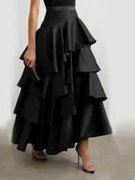 Womens High Waist Layered Ruffle Maxi Cake Skirt Elegant Party Wedding Guest Y2K Solid Vintage Black A Line Skirts 240520