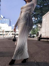 Casual Dresses Women S Bodycon Dress Striped Print Long Sleeve Party High Neck Slim Fit Maxi Y2K Streetwear