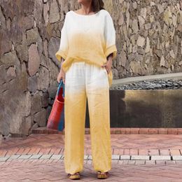 Women's Two Piece Pants Women Fashion Casual Tier Spring Long Sleved Shirt Wide Leg Outfit Summer Loose Retro Gradient Prints Suit