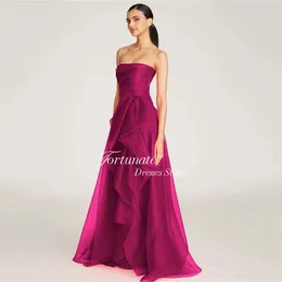 Party Dresses Fortunate Simple Rose Red Strapless Pleats Tulle Prom Dress Sexy A-line High Side Slit Sleeveless Floor Length Evening Gown