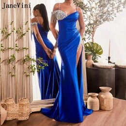 Party Dresses JaneVini Vestido Mujer Luxury Beaded Mermaid Evening Royal Blue Satin Long Sexy Slit Night Dress Women Gowns 2024