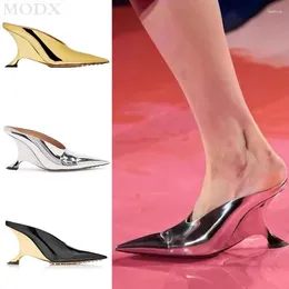 Slippers 2024 Runway High Heels Sexy Pointed Toe Shallow Metallic Patent Leather Half Wedges Fashion Roman Sandal Big Size 34-43