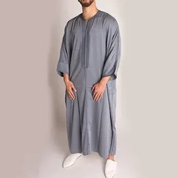 Ethnic Clothing Spring Summer Grey Men's Long Shirt Museum Robe Pullover Large Size Ribbon Abaya Homme Musulman Islam Kaftan Arabic Men