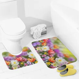 Bath Mats Bathroom Rugs Sets 2 Piece Spring Flowers Absorbent U-Shaped Contour Toilet Rug