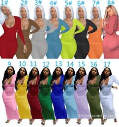 17 Colours Designers Maxi Dresses For Women Deep Vneck Knitted Long Sleeve Bodycon Dress Sexy Club Wear Skirt Summer And Autumn Cl8157617
