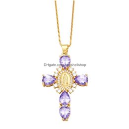 Chokers Luxury Gold Plated Pave Pendant 18K Copper Box Chain Cross Crucifix Virgin Mary Necklace For Women Drop Delivery Jewellery Neckl Dhb0T