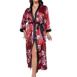 Home Clothing Women's Floral Printed Long Satin Robes Plus Size Full Length Silk Bath 2XL-5XL Big Kimonos Sleepwear Dressing Gown