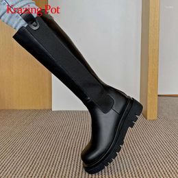 Boots Krazing Pot Equestrian Fashion Genuine Leather Patchwork Thick Med Heels Round Toe Slip On Beauty Lady Knee High