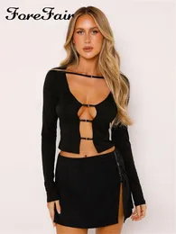 Work Dresses Forefair Skirt Set Two Piece Crop Top And Mini Black V Neck Long Sleeve Split 2024 Autumn Summer Slim Women Suit Club