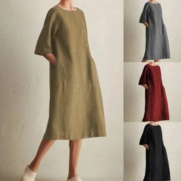 Casual Dresses Spring Summer Cotton Linen Solid Color Round Neck Midi Sleeve Pockets Dress Retro European For Women