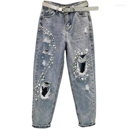 Women's Jeans Summer Fashion Women Beaded Holes Loose Ladies High Waist Personality Thin Denim Harem Pants Y2k Mom Ripped Jean