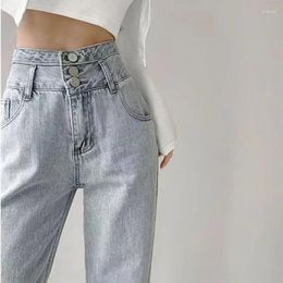 Women's Jeans Streetwear Light Blue Button Woman High Waist Y2k Straight Baggy Pants Korean Fashion Women's 2024 Trend Trousers