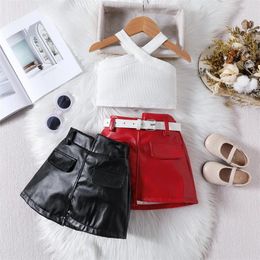 Clothing Sets Girls' Set 1-6Y Summer Off Shoulder Vest Top PU Leather Skirt Belt 3PCS Fashion Party Girls's Baby