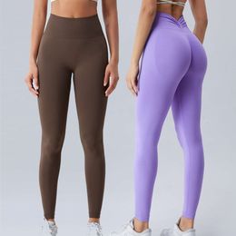 Lu Align Gym Workout Elasticity Women Seamless V Back Sports Fiess Gym High Waist Butt Scrunch Outdoor Running Leggings LL Lemon