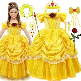 Girl Belle Role Play Dress Beauty Beast Princess Costume Halloween Event Party Flower Print Shoulder Ball Costume 240520