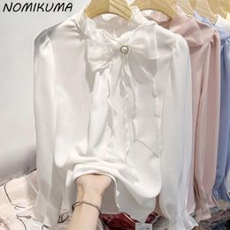 Women's Blouses Nomikuma 2024 Spring Korean Style Solid Colour Stand Up Neck Lace Nail Bead Pullover Long Sleeve Chiffon Shirt Top