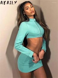 Work Dresses Akaily Blue Two Piece Sets For Women Matching Fall Outfits 2024 Long Sleeve Crop Top And Mini Skirts Set Ladies Streetwear
