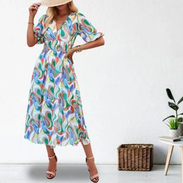 Casual Dresses Summer Women Dress V Neck Tight High Waist Colorful Print A-line Loose Hem Vacation Beach Midi Daily Dating Long