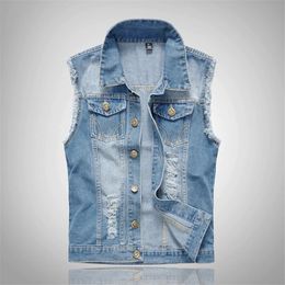 Ripped Jean Moto Jacket Mens Denim Vest Hip Hop Coats Waistcoat Men Cowboy Sleeveless Male Tank Plus Size 6XL 240509