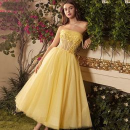 2024 Modern Yellow Prom Formal Dresses Strapless Bodice Lace Appliques Tulle Ankle-Length Evening Dress Birthday Party Gowns vestidos de fiesta