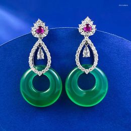 Stud Earrings S925 Silver Inlaid With 20mm Green Chalcedony Classic Fashion Versatile Boutique Jewellery For Women