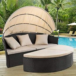 Camp Furniture Patio Outdoor Round Daybed With Retractable Canopy Wicker Rattan Separated Seating Sectional Sofa
