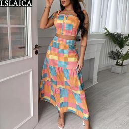 Work Dresses Set Woman 2 Pieces Summer Crop Top And Maxi Skirts Plaid Print 2024 Fashion Women Suits Elegant Beach Club Outfits Matching