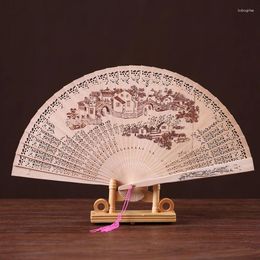 Decorative Figurines Chinese Style Wooden Carved Folding Fan Ancient Painting Orchid Bamboo Fans Dance Props Hanfu Decorated Hand Hollowed