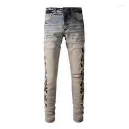 Men's Jeans Classical Bones Patchwork High Street Stretch Distressed Blue Color Slim Fit Ripped Men