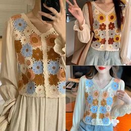 Women's Blouses Women Vintage Crochet Crop Top Cardigans Sexy Neck Blouse Tops Hollow Out Knitted T-shirt Sweet Fall Short Gift N7YF