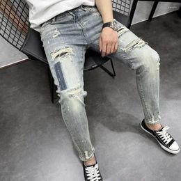Men's Jeans Korean Style Casual Slim Fit Denim For Men With Ripped Holes Small Feet Autumn And Winter Vintage Designer