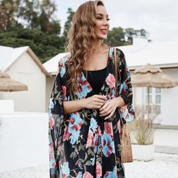 Flower Print Beach Smock Cover-up Poncho Cardigan For Women Sunscreen Swimsuit Shawl With Tassel Decor Quick