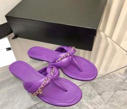 Womens Chain Slippers Lambskin Metal Dark Purple Sandals Flip Flop DesignerTop Quality Mules Fashion Beach Shoes Retro Loafers Lux2655610