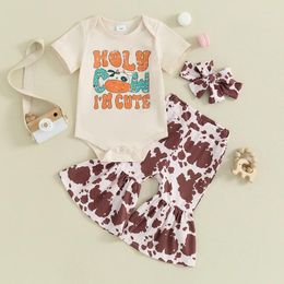 Clothing Sets Fashion Summer Born Baby Girl Letter Print Short Sleeve O-neck Bodysuits Cow Flare Pants Headband Outfits