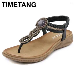 Casual Shoes Bohemia Beads Metal Rivets Clip Toe Pu Gladiator Sandals Women Elastic Band Woman Pearl Crystal Low Heels Sandalias 2024