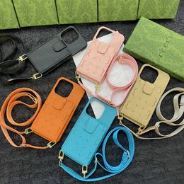 Luxury Letter Designer Emboss Phone Case for iPhone 15 14 13 12 11 Pro Max X Xs Xr 8 7 Plus Leather Card Slot Pocket Shoulder Strap Cross Body String Cover