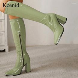 Boots Kcenid Autumn Winter Womens Knee High Square Toe Metal Design Sexy Patent Leather Slim Female Modern Shoes Size 42