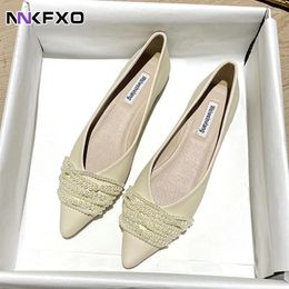 Casual Shoes Elegant Beaded Ballet Women's With Shallow Mouth Versatile Flat Bottom Pointed Pearl Single