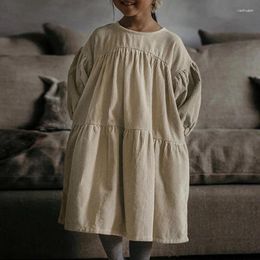 Girl Dresses HoneyCherry Girls Brand Design Vintage Corduroy Dress Bubble Sleeve Patchwork Drawstring Clothes