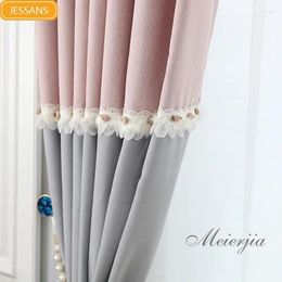 Curtain Customized Princess Pink Gray Embroidery Stitching Thickened Cotton Linen Curtains For Living Room Bedroom French Window Balcony