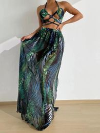 Women's Swimwear Seashy Two Piece Swimsuit Maxi Dress Halter Green Women Sexy Bikini Set Summer Beach Bathing Suit