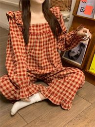 Women's Sleepwear Red Plaid Cotton Pyjamas Set Women Square Collar Shirts Trousers Casual Loose Vintage Korean Night Wear Autumn Cute