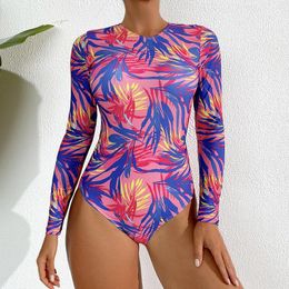 Women's Swimwear Floral One Piece Swimsuit 2024 Long Sleeve Zipper Women Bathing Suit Beachwear Monokini Female Swim Surfing Suits